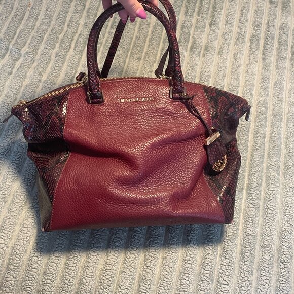 Michael Kors Riley Satchel Handbag - Maroon and Python - Picture 2 of 9
